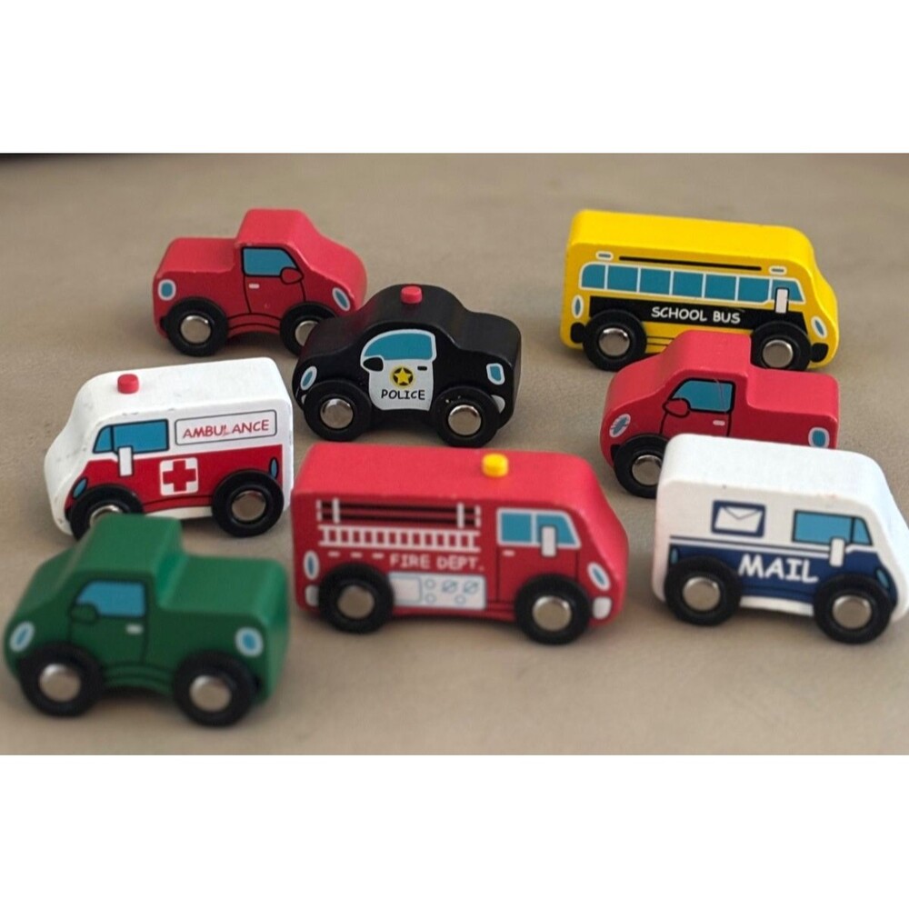 Lakeshore Collectables Wooden Toy Lot of 8 Cars Trucks School Police Fire Mail